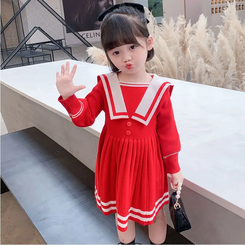 Children Fall Clothes Autumn Baby Girls College Style Lapel Long-sleeved Dress Kid Knitted Sweater Dress Sailor Collar 2-8