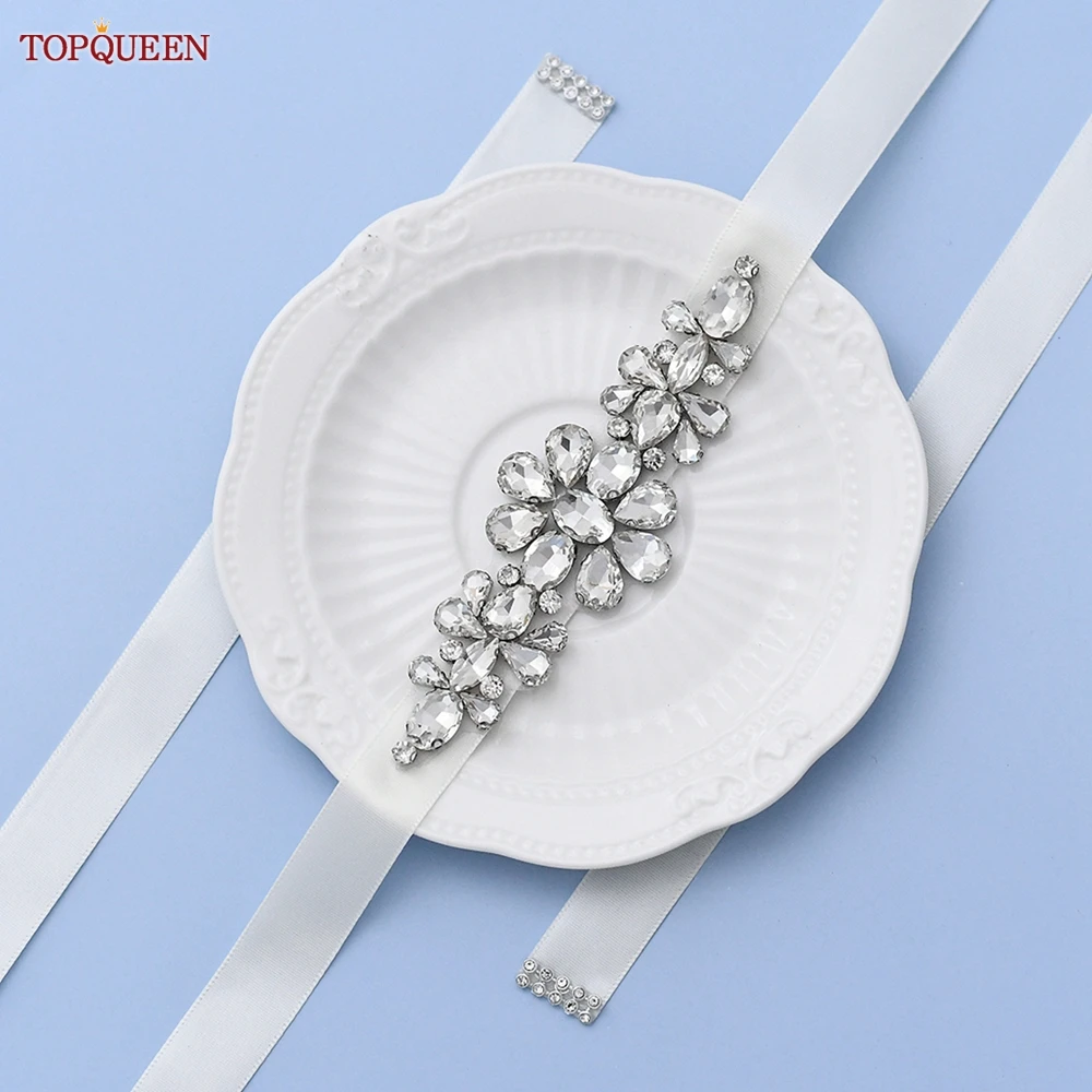 TOPQUEEN-vestidos de fiesta de boda S45, cinturón plateado de diamantes de imitación, accesorios nupciales, apliques de diamantes, cinturón de Metal para caftán para mujer