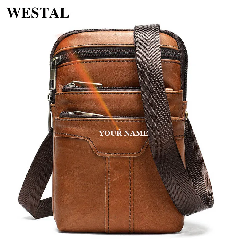 WESTAL Engraved Small Men\'s Shoulder Bag for Men Genuine Leather Crossbody Bags Mini Male Phone Bags Belts Flap Messenger 7538