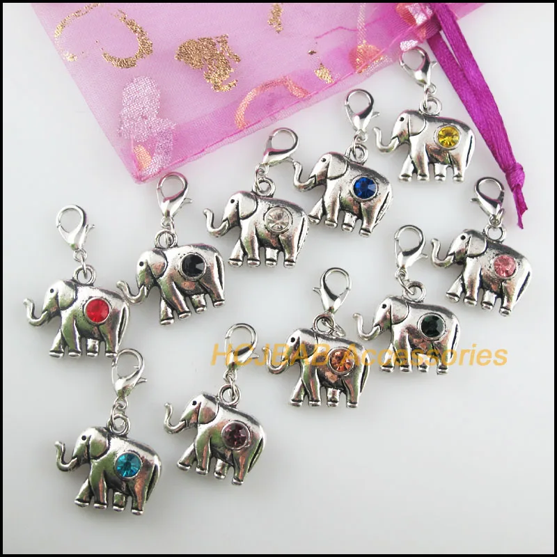 10Pcs Tibetan Silver Tone Elephant Retro Mixed Round Crystal 18x20.5mm With Lobster Claw Clasps Charms