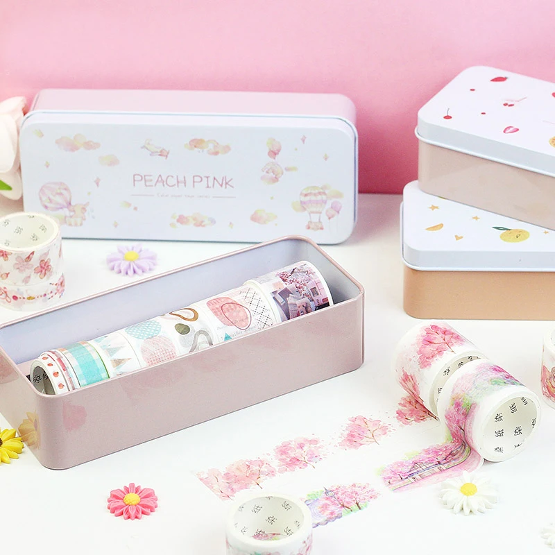 8 Pcs/lot Ins Style Cute colour Iron box Masking Washi Tape Scrapbooking Diary Suit Combination Paper Stickers Adhesive Gift box