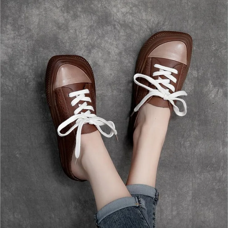 

Art retro square head Women Slippers Genuine Leather Summer Shoes Outside Slides Flat With head layer cowhide female sandals