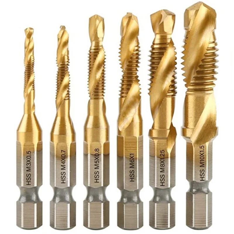 

6pcs 1/4" Hex Shank HSS Drill Bits Metric Screw Thread Taper Set M3/M4/M5/M6M/8/M10 For Soft Metal Aluminum Plate Cutting