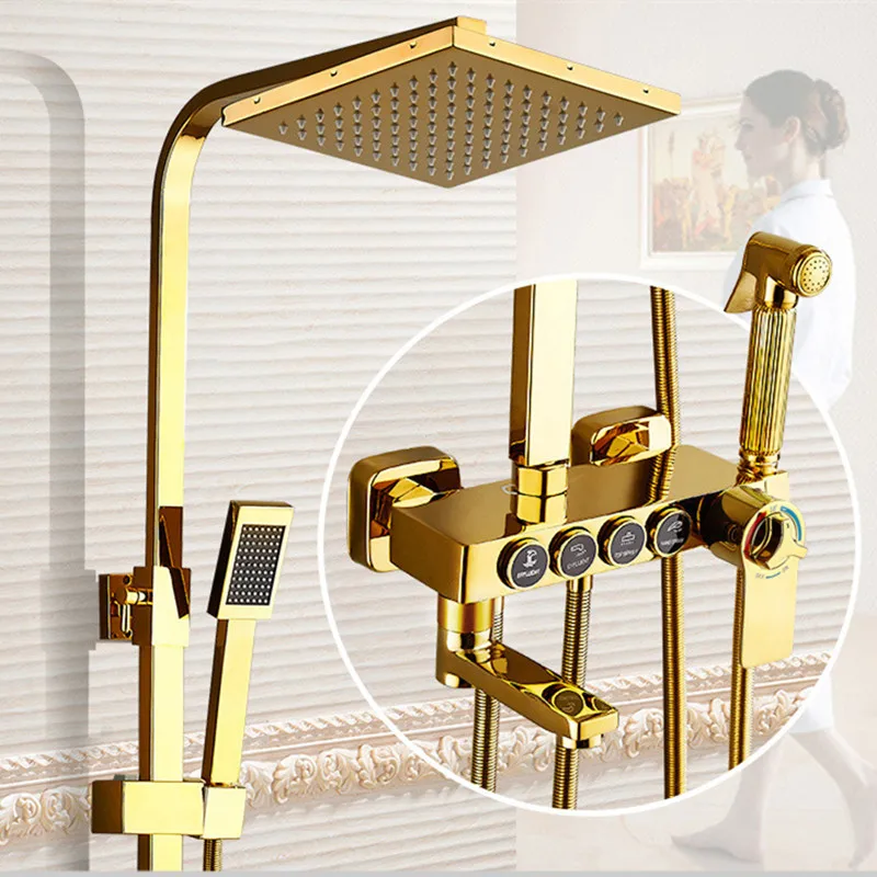 Black Shower Set Senducs Copper Bathtub Mixer Faucet Spa Rainfall Square Hand Shower Head Luxury Gold Thermostatic Shower System