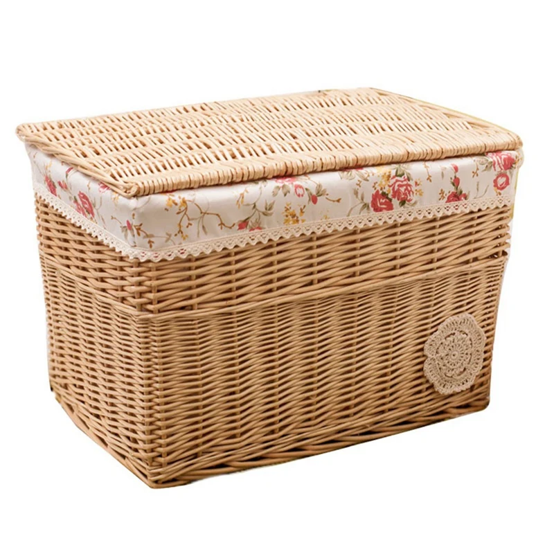 Wicker Storage Basket Hand-Woven Storage Basket Multipurpose Container with Lid for Desktop Home Decoration