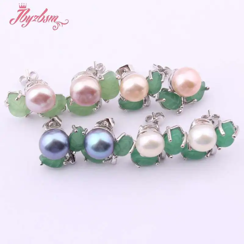 6mm Natural Round Freshwater Pearl Green Jades Stone Beads Tibetan Silver Earrings For Woman Christmas Valentine\'s Gift 1 Pair