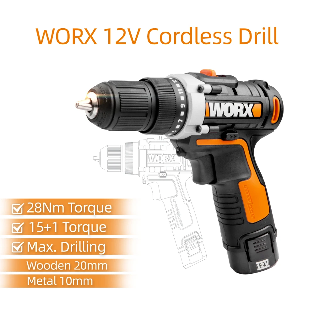 Worx 12V Mini Electric Drill WX128.1 Cordless Screwdriver DC Handheld Electric Drill Driver Rechargeable Power Tools Household