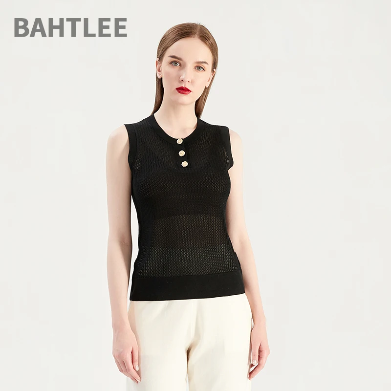 BAHTLEE-Women's Sleeveless Knitted Sweater, O-Neck Pullovers, Button, Spaghetti Strap, Hollow Out, Black and White, Summer