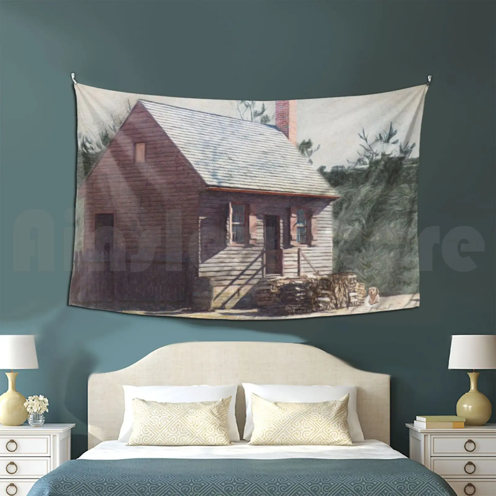 Quaint Cabin Fever Tapestry Living Room Bedroom Cabin Cottage Small House Home Building Country Home Firewood Fire