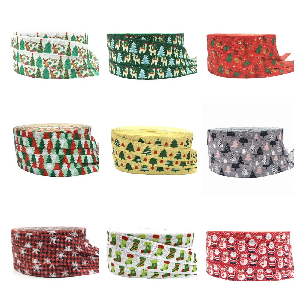 5Yard Christmas Tree Snow Print Fold Over Elastic Band Sewing Tape Handmade Crafts Accessories DIY Baby Headband