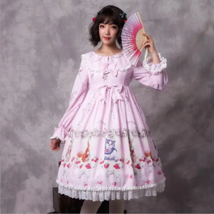 

Pink sweet lolita dress vintage lace bowknot cute printing high waist princess daily victorian dress kawaii girl op loli cosplay