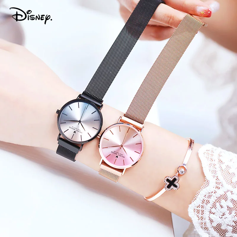 Disney Original Mickey Mouse Ladies Gradient Color Magnetic Mesh Steel Band Waterproof  WristWatches Women Quartz Girls Luxury
