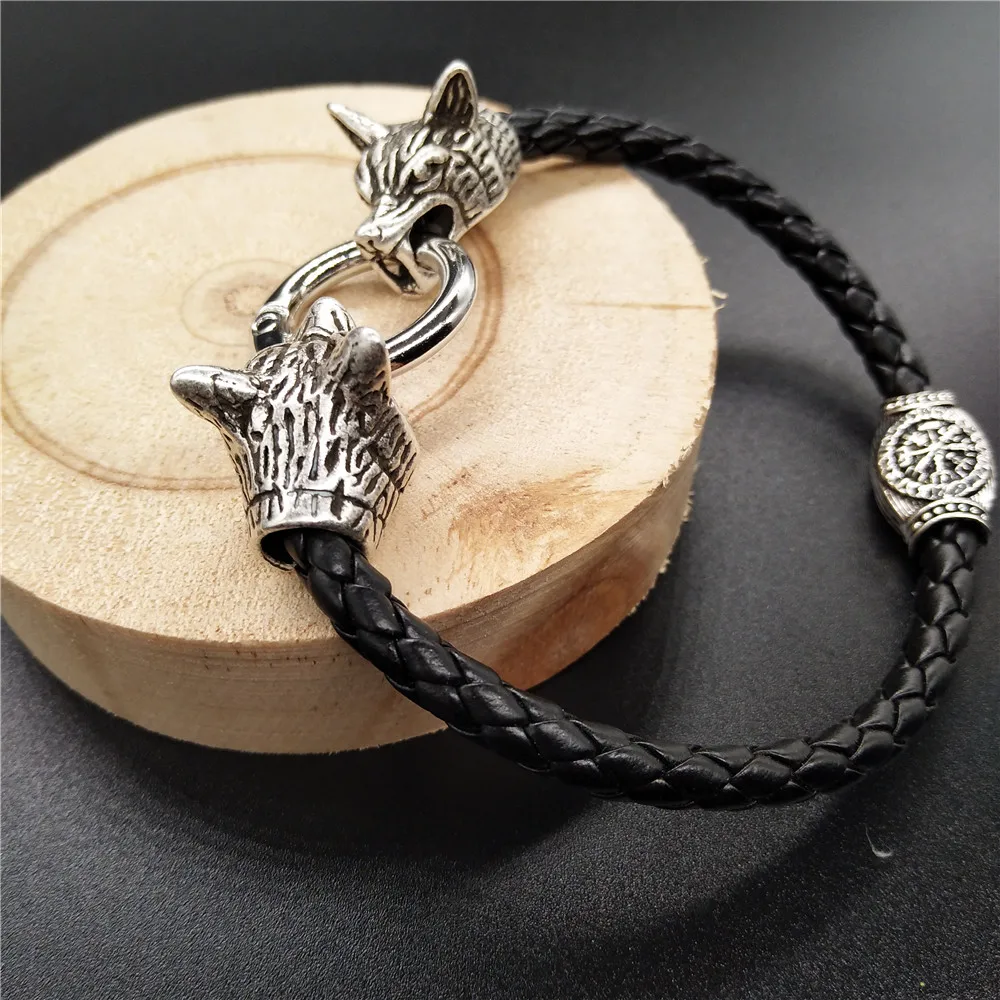 Norse Wolf Head Jewelry Trinity Runes Beads Viking Leather Bracelet Dropshipping