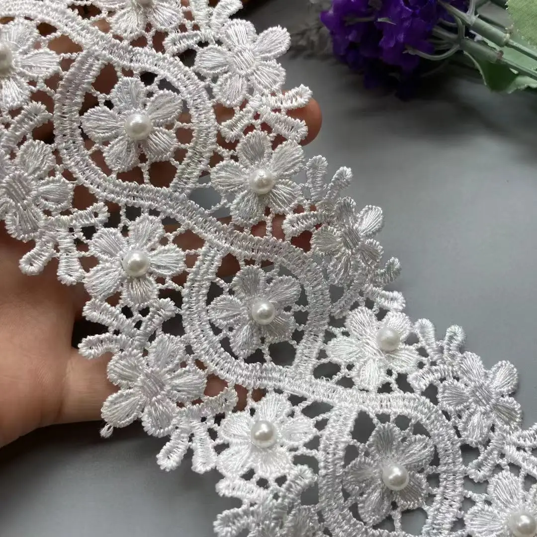 2 yard White Pearl Flower Lace Trim Ribbon Polyester Embroidered Fabric Handmade DIY Wedding Sewing Supplies Craft Decoration