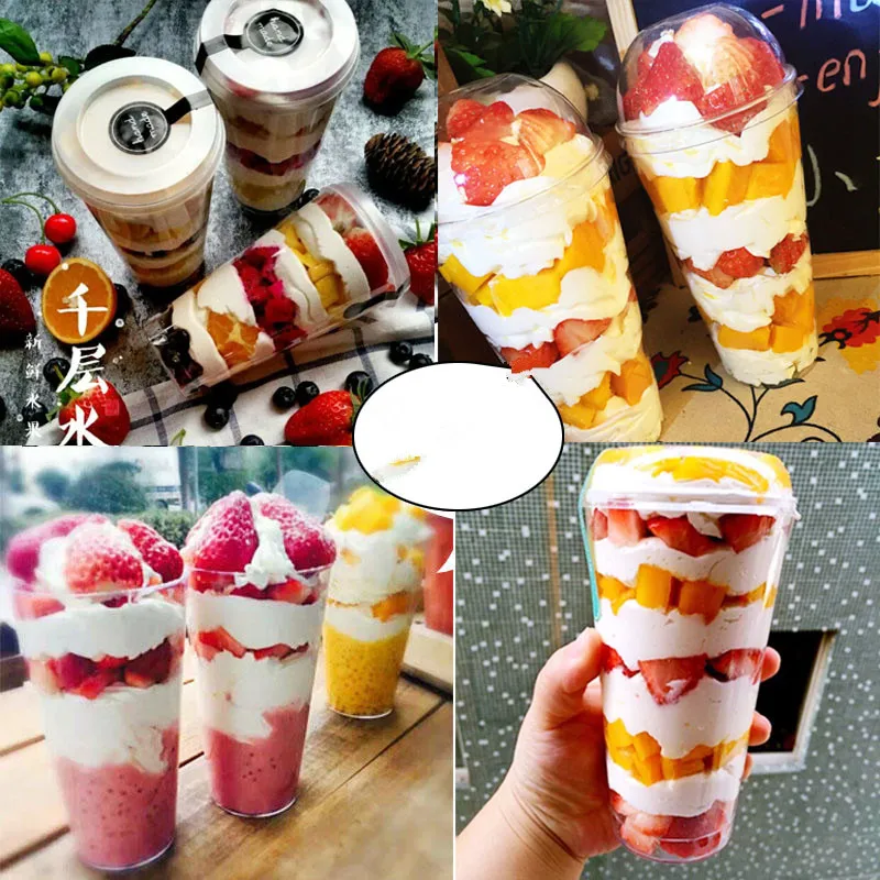 40pcs Creative 480ml fruit cup cake pastry dessert packaging box ice cream Tiramisu yogurt favors clear plastic cups with lids