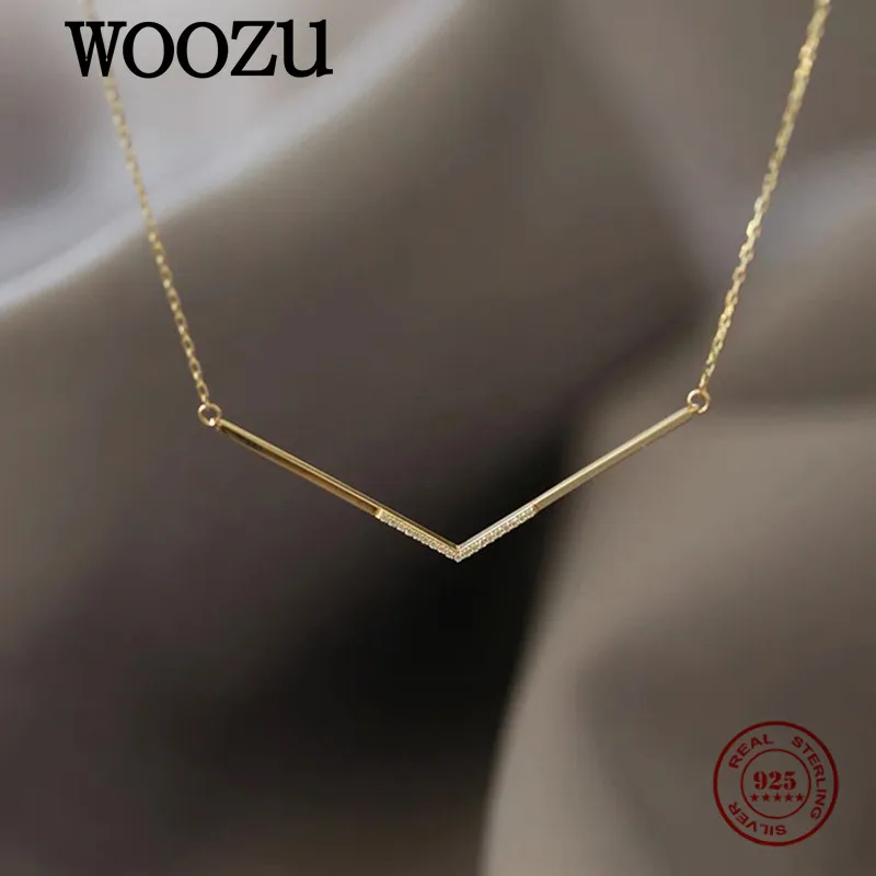 

WOOZU Genuine 925 Sterling Silver Fashion Korean Pave Zircon V Letter Chain Charming Necklace for Women Wedding Party Jewelry