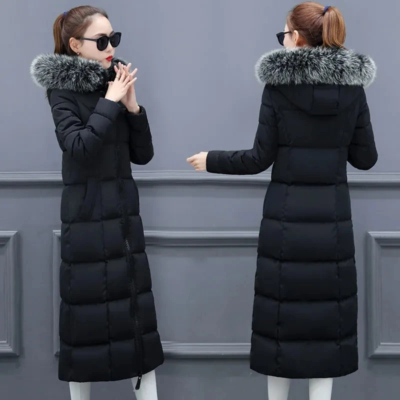 Women Winter Down Cotton Coat Big Fur Collar Jacket Female Long Hooded Over The Knee Thicken Slim Warm Cotton Jacket Parka Lady