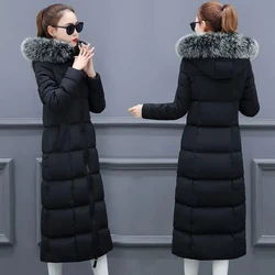 Women Winter Down Cotton Coat Big Fur Collar Jacket Female Long Hooded Over The Knee Thicken Slim Warm Cotton Jacket Parka Lady