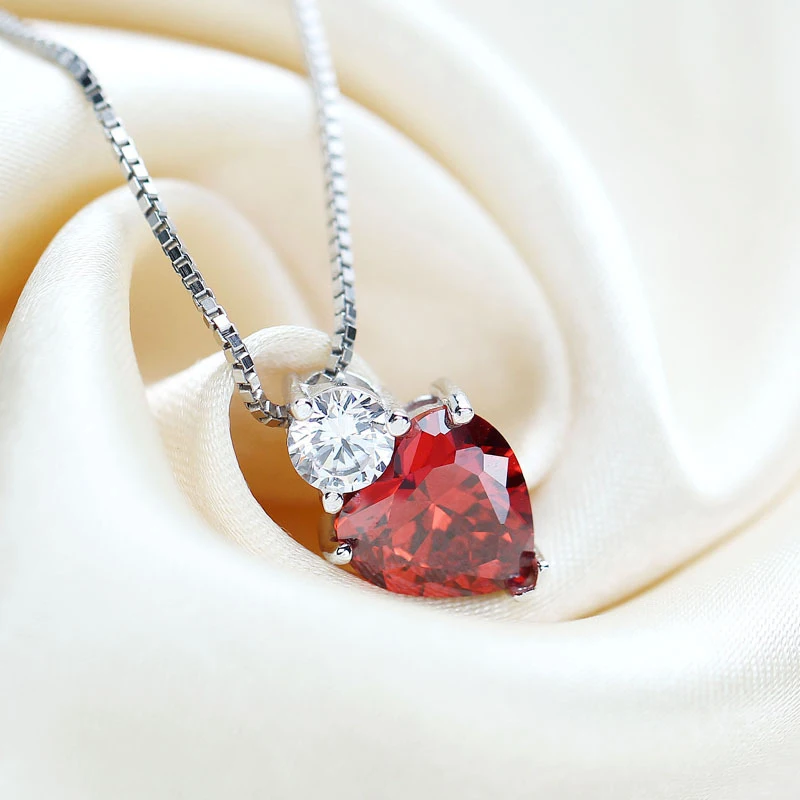 Women Jewelry 925 Sterling Silver Shine Red AAA Zircon Heart Pendant Necklaces Fine Gift Wedding Love Rhinestone CZ Charm Choker