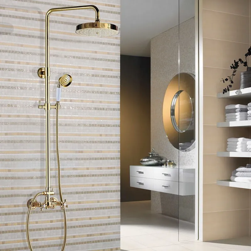 

Gold Color Brass Wall Mounted Bathroom 8 Inch Round Rainfall Shower Faucet Set Bath Mixer Tap Hand Shower mgf335