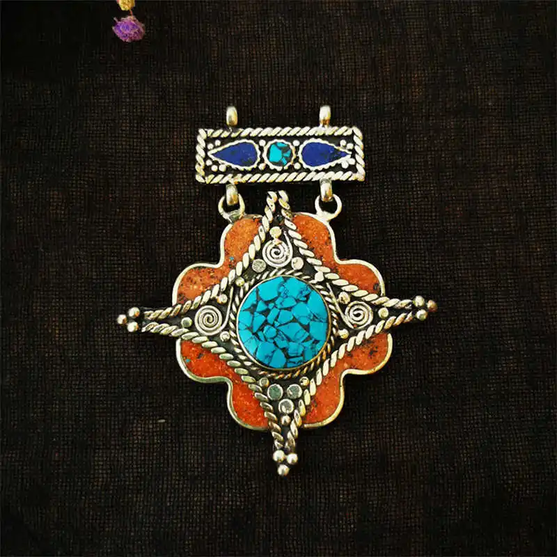 TBP404 Nepal Indian Pendant Copper Inlaid Colorful Stone Vintage Jewelry Big Pendants for Girl