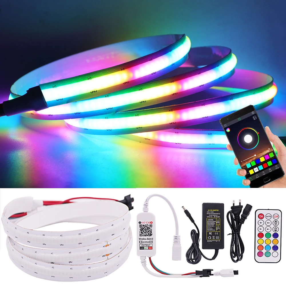 

Linear Dimmable Bluetooth COB LED Strip RGB with Remote Control 5V RGB COB LED Light Ribbon 332leds High Density LED Diode Tape