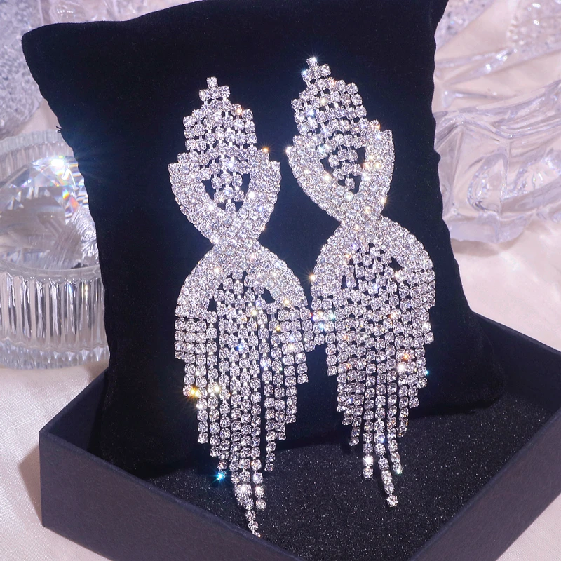 Elegant Female Long Tassel Earrings Silver Color Shinning Rhinestone Drop Dangle Earring for Women Wedding Party Jewelry Gifts