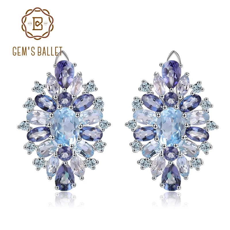 

GEM'S BALLET Natural Sky Blue Topaz Mystic Quartz Earrings 925 Sterling Silver Stud Earrings with Flower Shape Women's Jewelry