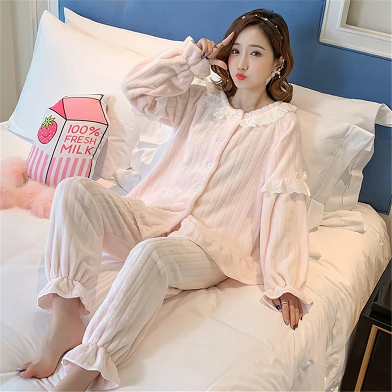 Cardigan pajamas hot style lace sexy nightgown women kimono winter flannel thickening basic home service fashion 2PCs пижама