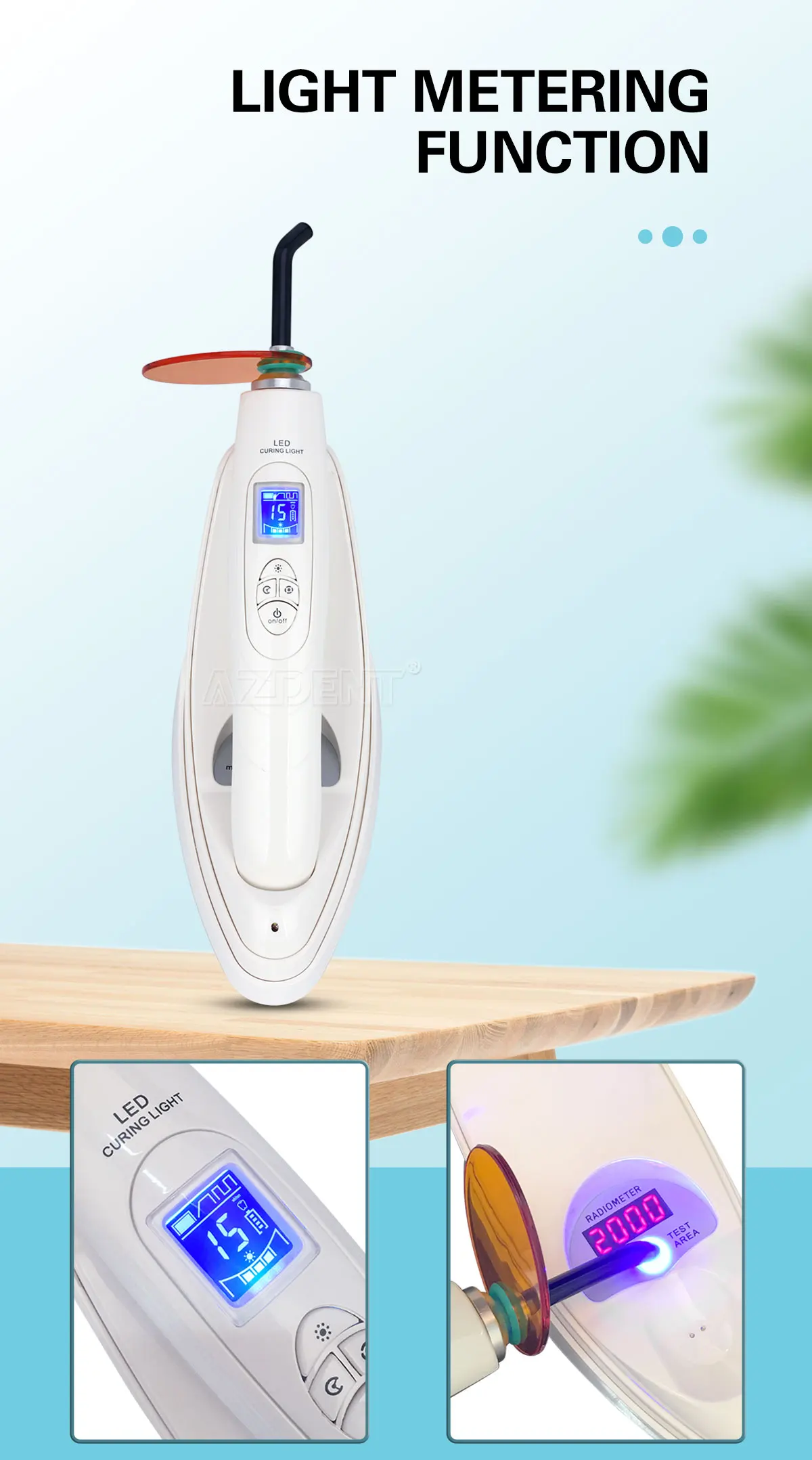 AZDENT Dental-Härtungslicht, LED, kabellos, Glasfaser-Härtungslampe, 800–2000 mW/cm2, drei Gänge, Ausgang, einstellbares Timing – Detail 3