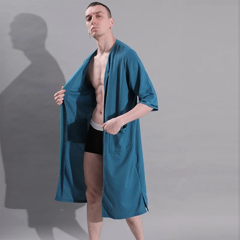 3XL Men Bathrobe Zipper Thin Summer Plaid Robes Nightwear Plus Size Casual Loose Long Bath Robe Dress Gown Nightgown Sleepwear