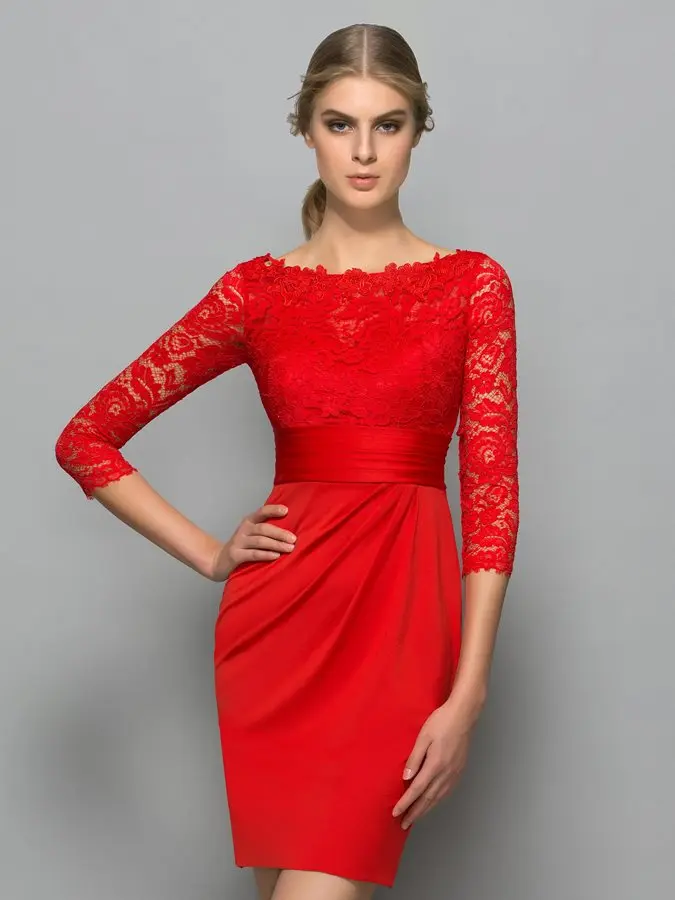 Robe de Cocktail rouge en dentelle, élégante, manches longues, 3/4