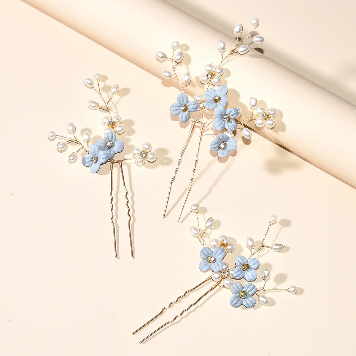 3pcs Blue Flower U Shaped Hair Pins Pearl Elegant Hair Clips Headwear for Wedding Bridal Hairclip Women Hair Jewelry Accessories