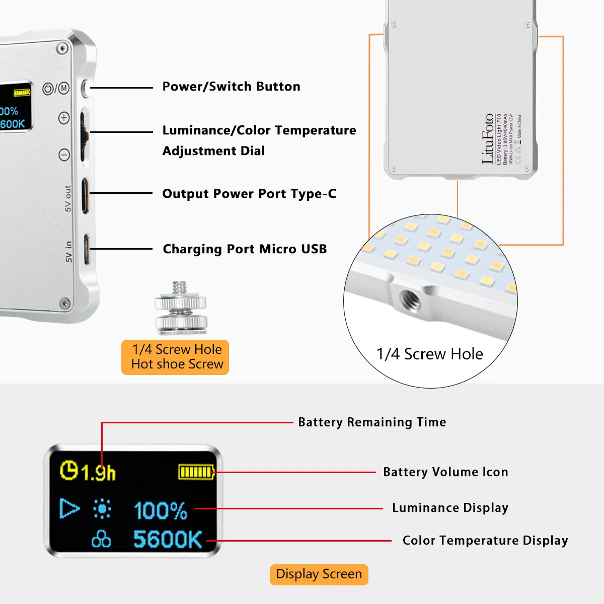 LEDフォトライトキット,12W,3200-5600K,4040mAh,液晶画面,コールドシューズ,ライブビデオ,ストリーミング