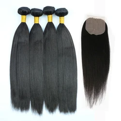 Soft Silk Yaki Straight Heat Resistant Fiber Hair Weaves With Free Closure,Yaki Wave Hair Extension 26 Inch One Bundle 100g