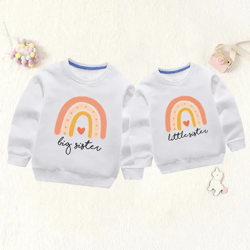 Big Sister Little Sister Kids Sweatshirts Funny Sibling Matching Girls Clothes Rainbow Print Cotton Children Hoodies Baby Tops