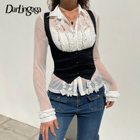 Darlingaga Vintage Dark Academia Breasted Corset Top Female Harajuku Vest Jacket Cropped Tank Tops Gothic Waistcoat Cute Summer