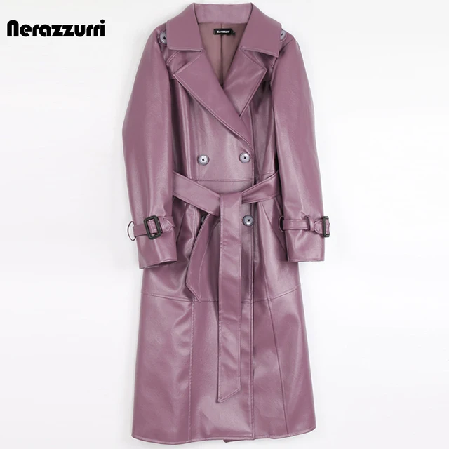 Nerazzurri jesień fioletowy czarny długa skórzana płaszcz trencz dla kobiet 2022 z długim rękawem pas podwójne piersi elegancki moda 6xl 7xl
