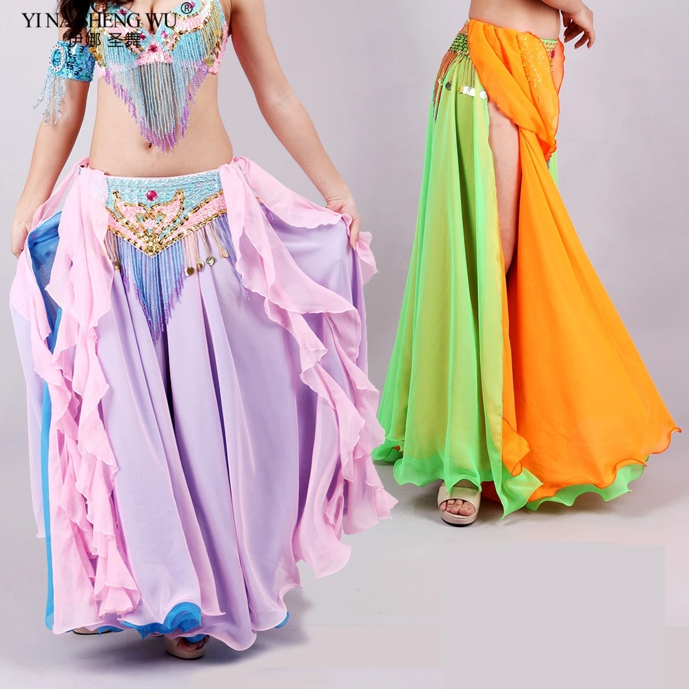 Double Colors Women Belly Dancing Clothes Full Circle Maxi Side Split Long Skirt Belly Dance Performance Skirt  (without belt)