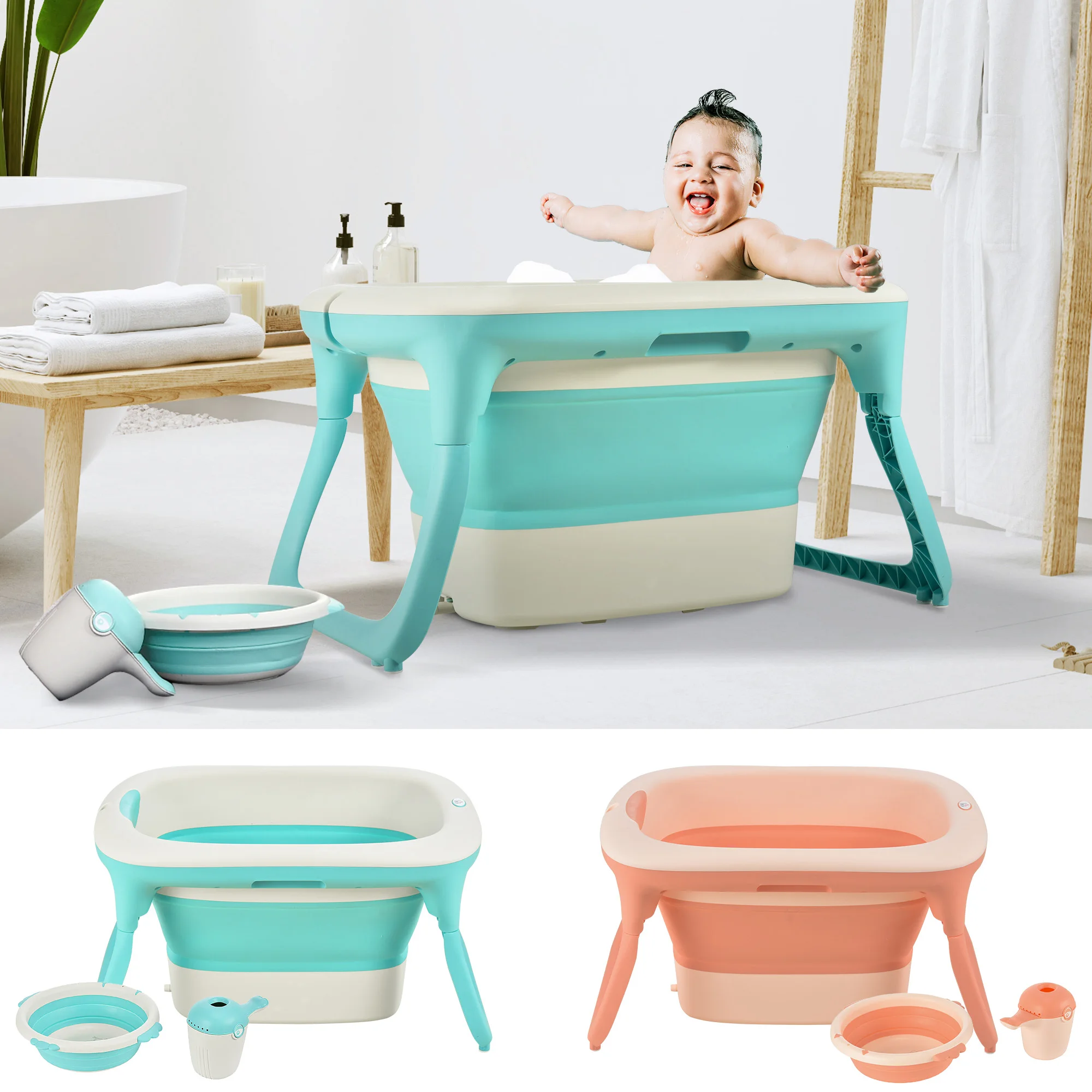 HOMCOM Folding Baby Bathtub with Palangana Shampoo Container and Stool Set of 4 Pieces of Shower for 0-3 Years