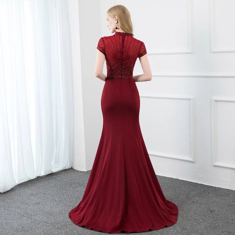 Elegant Burgundy Long Prom Dresses Stones Beaded Cap Sleeve Formal Evening Gown Mermaid High Neck Women Party Dress