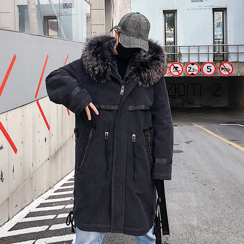 Real Fur Boollili Men Winter Jacket Parka Rabbit Fur Liner Denim Long Coat Fox Fur Collar Plus Size Veste Homme Hiver