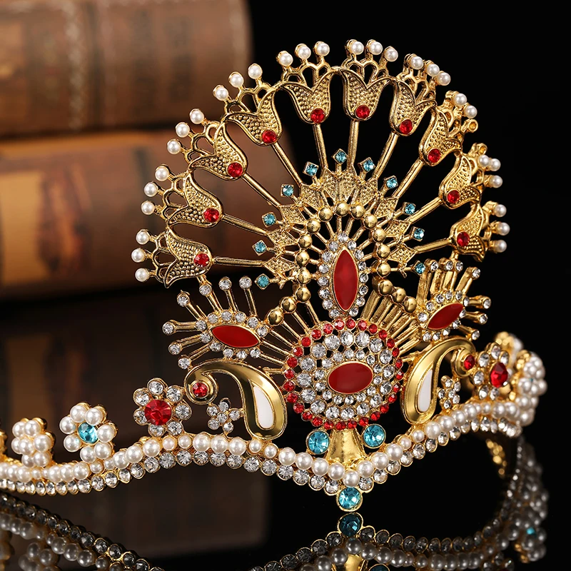 Arabian Style Luxury Pearl Rhinestone  Crown Hollowed-Out Design Colorful Bride Wedding Decoration Jewelry Crown