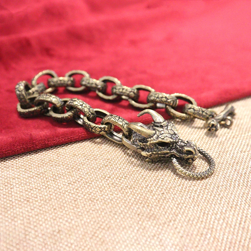 Vintage Brass Beast Chain Bracelet Dragon Scale Pattern Locomotive Trendy Punk Men Cuff Bracelet Jewelry Pure Copper Dragon Head