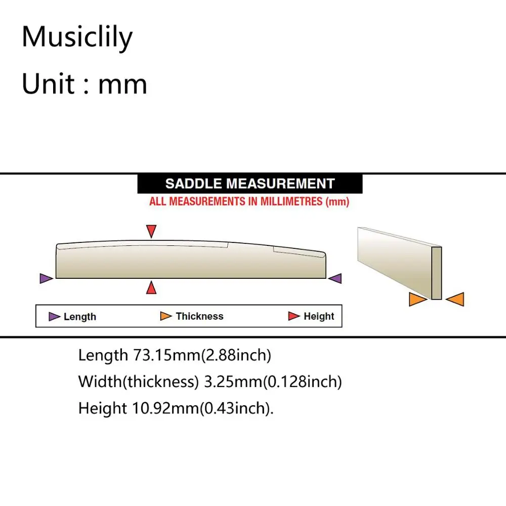 Musiclily Pro 73.15mm Universal Compensated Unbleached Bone Saddle for 6-String Acoustic Guitar (Set of 2)