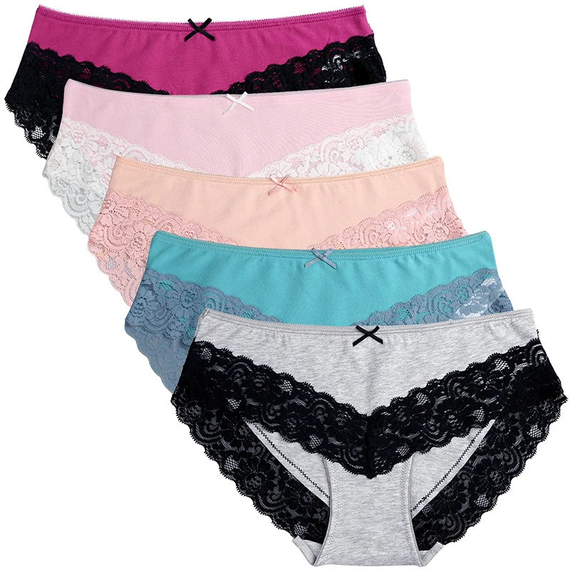 5pcs/set cotton panties women\'s underwear set sexy lace cute bow Female Underpants Briefs Solid Color Soft Lingerie S-XXL design