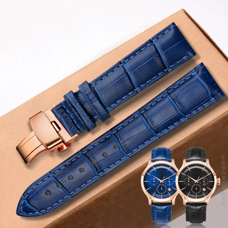 Leather Watchband Black Blue Cowhide Strap Butterfly Buckle Fits All Brands of Watches Men Women 12/14/15/16/18/19/20/22/23mm