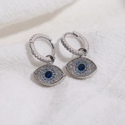 New Silver Color Cubic Zirconia Blue Stone Turkey's Eye Dangle Huggie Earrings for Women Girls Fashion Jewelry Gift