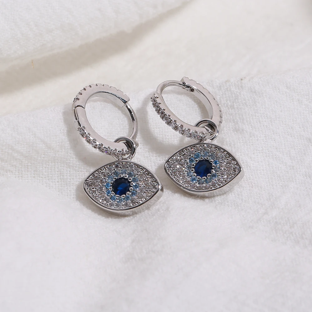New Silver Color Cubic Zirconia Blue Stone Turkey's Eye Dangle Huggie Earrings for Women Girls Fashion Jewelry Gift
