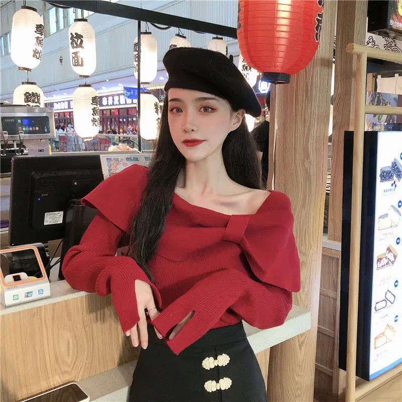 Knitwear Women's Sexy 2024 Autumn Winter Slim-Fit Bow Top Woman Sweaters Femme Chandails Pull Hiver